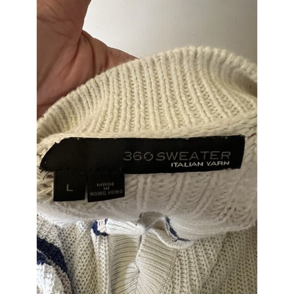 360 Cashmere Sweater Womens L White Navy Beige Stripe V Neck Drop Shoulder Knit - Picture 2 of 10